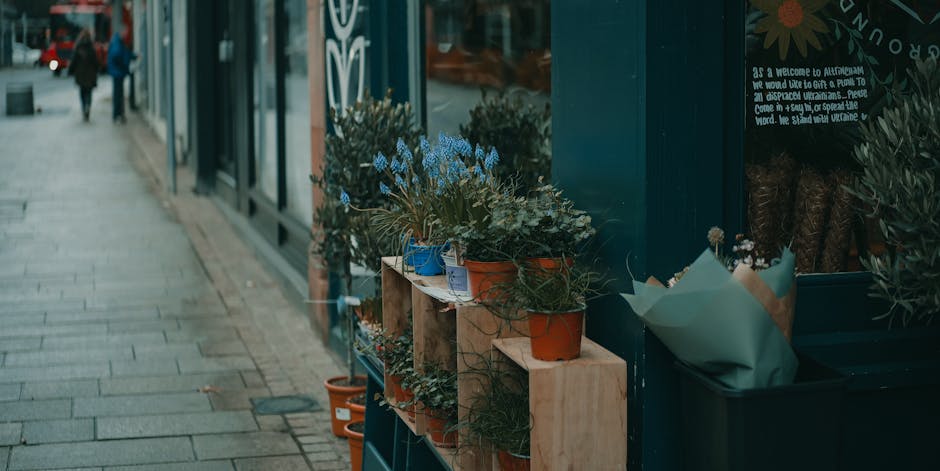 A display of potted flowering plants positioned outside a shop on a wooden shelf within a flower delivery setting; the plants include blue hyacinths and various greenery in orange, blue, and brown ter