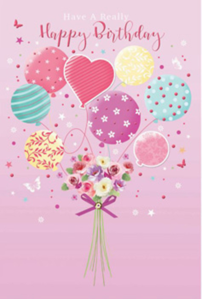 This illustrated birthday card feels like a little party drifting over Whetstone, with pastel balloons and a fresh bouquet captured in a moment of weightless joy. The background is a soft pink wash, subtle and even, like the gentle glow inside a neighbourhood florist just off Totteridge Lane. At the base of the design, a lush hand-tied bouquet rests, its stems gathered neatly and finished with a rich purple satin bow. The flowers are small but luxurious: clusters of petite roses and daisy-like blooms, each petal shaded from creamy ivory at the base to warm blush and dusty rose at the tips, giving them a lifelike, velvety texture. Above the bouquet, an airy cluster of balloons fans out, painted in complementary pastels of seafoam green, lavender, butter yellow, and gentle pink. Some balloons are adorned with playful stripes that curve like ribbons, while others are dotted with tiny stars and polka dots that seem to dance. A single heart-shaped balloon at the centre adds a tender, romantic note, as if the bouquet is not just for a birthday, but for someone deeply cherished. The lighting is bright yet soft, creating glints along the glossy balloon surfaces and a natural glow on the petals, suggesting the freshness of flowers just prepared for delivery in Whetstone. Delicate butterflies and starbursts float around the arrangement, adding a touch of fairy-tale whimsy. Overall, the image conveys that feeling when you open the door to find an unexpected birthday gift waiting - light-hearted, thoughtful, and beautifully composed.