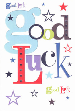 A vibrant good luck card rests on a sunlit countertop near Whetstone Park, its bold curves and intricate fonts suggesting the touch of a skilled local designer. The oversized, baby-blue 'g' draws your eye first, anchoring a word that bursts into a medley of reds, purples, and moss greens. Each letter appears considered, as if painted with care by a florist familiar with the hopes and dreams of Whetstone residents celebrating new beginnings. Stars, both inky and translucent, frolic across a pristine white background, whispering of childhood wishes and the promise of limitless opportunities. The smooth, heavyweight cardstock promises satisfaction when held-its tactile invitation reminiscent of unwrapping a special bouquet. The visual rhythm of lively colours and playful typography captures a moment brimming with anticipation and heartfelt support, perfect for moments that mark growth: a new job in town, an exam result, or a neighbour's new adventure. The whole card feels as if it was made to be cherished, its encouragement just as real as the bouquets sent from one local doorstep to another.