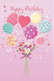 This birthday card illustration presents a light, enchanting scene that could easily be imagined tucked in with a bouquet leaving a Whetstone florist for same-day delivery. The background is a gentle blush pink, creating a calm, festive canvas. At the bottom centre, a hand-tied bouquet bursts with soft garden blooms - small, rounded roses and open, anemone-style flowers - in creamy ivory, pale blush, and muted mauve. Their petals appear layered and silky, hinting at that fresh, slightly sweet fragrance you notice when you step into a local flower shop. The stems are bound with a neatly tied violet satin bow, its smooth ribbon catching delicate highlights. From the heart of the bouquet springs a cluster of pastel balloons, as if the arrangement itself is lifting into the air. The balloons shimmer in tones of sea green, baby pink, lavender, and lemon yellow, each decorated with its own playful pattern: swirling stripes, dancing polka dots, scattered stars, and tiny floral prints that echo the flowers below. A central heart-shaped balloon glows a touch brighter, symbolising affection and making the piece perfect for a birthday filled with love. Around the balloons, a sprinkling of tiny stars and butterfly shapes adds movement and a sense of wonder, like confetti drifting in slow motion. The overall mood is joyful and gentle, reminiscent of a sunny stroll through Whetstone on a special day, with this card capturing the happiness of sending birthday wishes wrapped in flowers, colour, and air-light celebration.