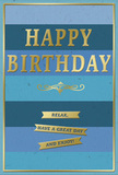 This birthday card exudes a calm, polished charm, as if it has just been arranged beside a vase of fresh blooms on a Whetstone kitchen table. Its face is entirely covered with broad horizontal stripes of blue, stacked one upon another in a soothing sequence that drifts from deep navy at the top, through richer ocean and teal hues, down to a gentle, light blue at the base. The effect is reminiscent of watching layers of sky and distance on a clear day above Friary Park, quiet and expansive. Centred across these bands, the phrase HAPPY BIRTHDAY stands out in large, gold embossed letters. The metallic finish is warm and elegant, creating a soft, reflective glow that gives the words a sense of importance while still keeping the overall design restful. Beneath the greeting sits a delicate golden flourish, shaped like a vintage scroll with graceful curls, acting as a bridge between the main message and the sentiment below. At the lower portion of the card, three narrow golden banners are arranged neatly one under the other, each ribbon bearing part of the kindly instruction, Relax, have a great day and enjoy! Their pointed tips and crisp edges balance the more fluid curves of the flourish above. A very fine gold border runs right around the outer edge of the card, containing the blue stripes and tying all the decorative elements together. The overall look feels contemporary yet timeless, a birthday card that could be paired with hand-tied flowers from a Whetstone florist to create a thoughtful, quietly joyful moment for someone special.